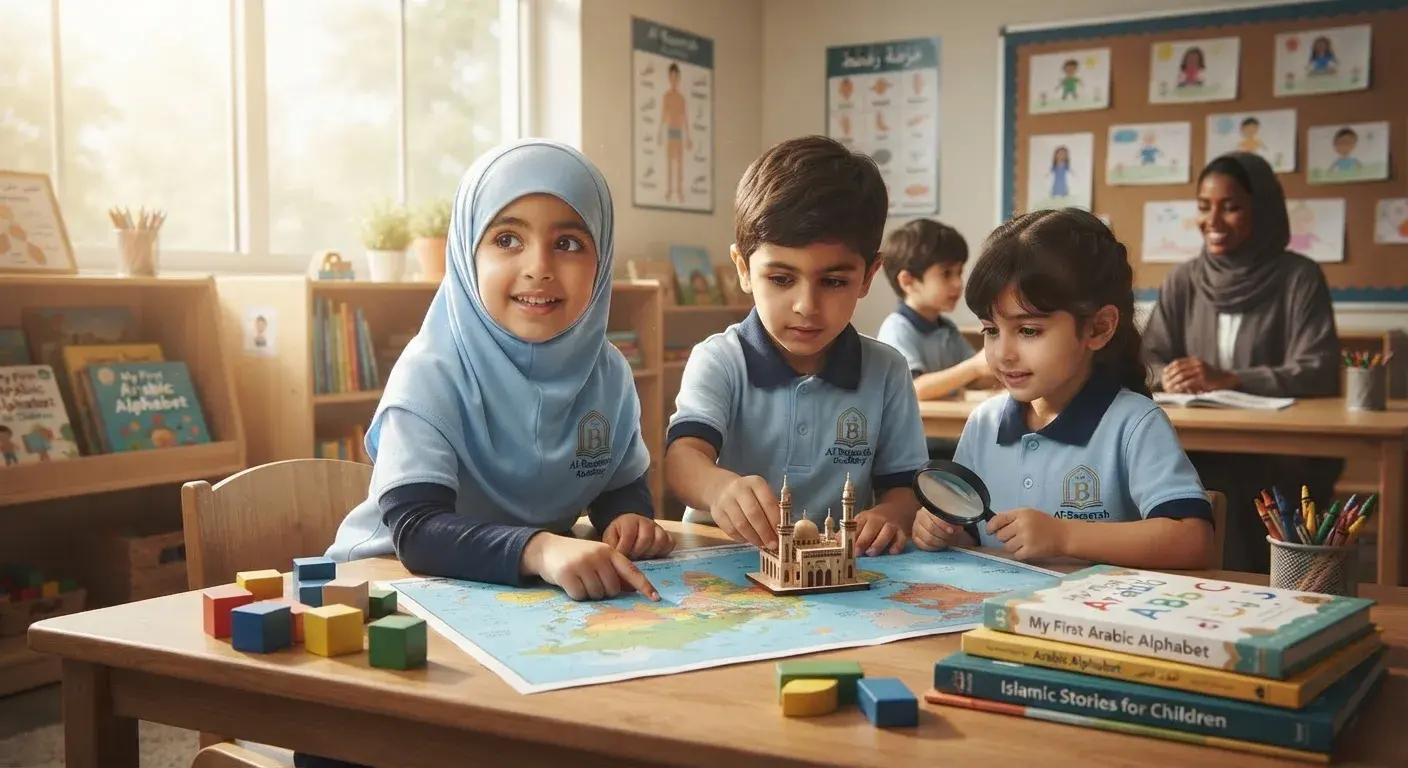 Children in a classroom exploring a world map and a model building with a teacher nearby